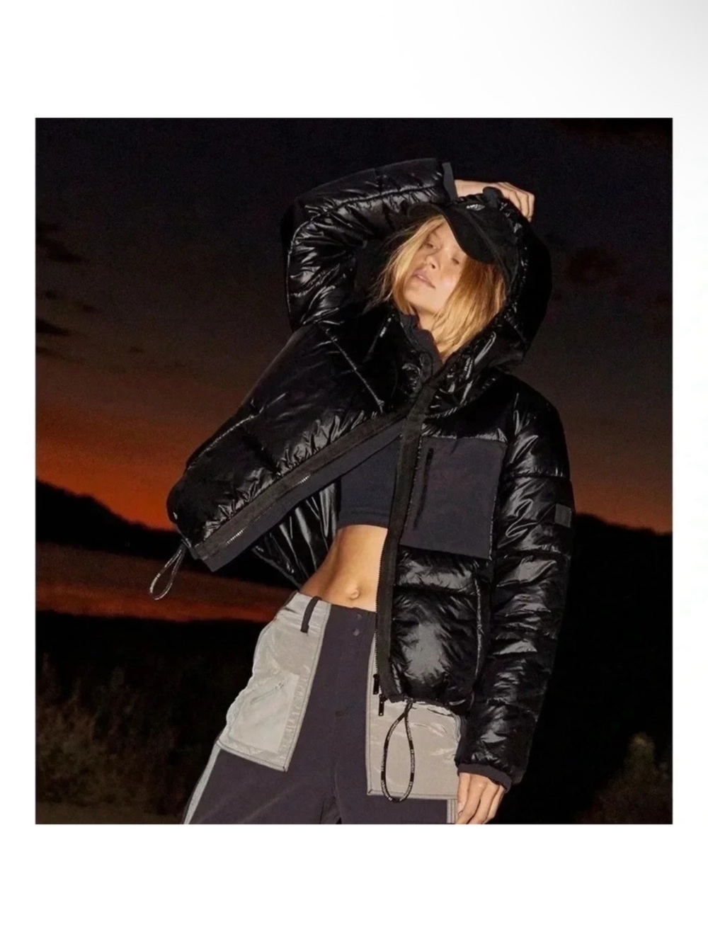 FREE PEOPLE Black Puffer Jacket with BACK STRAPS and Hood